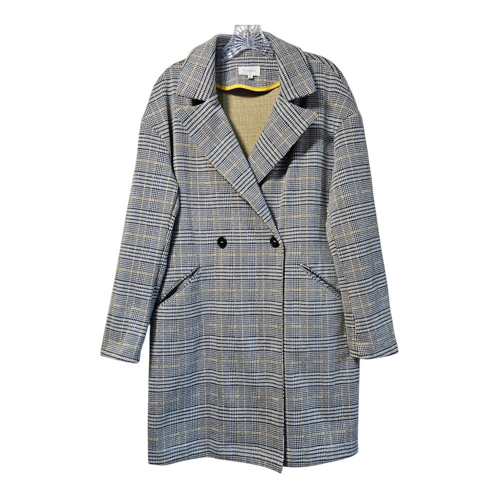Melloday Women L Blazer Jacket Plaid Black Yellow Ivory Double Breasted Long 44"